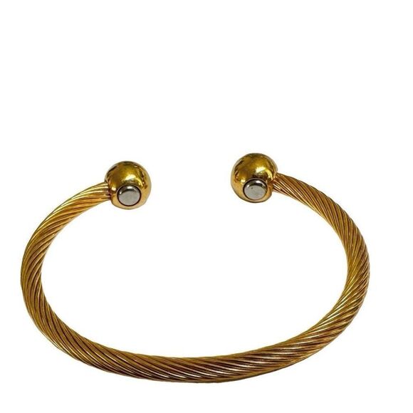 Gold tone twisted magnetic open bangle bracelet - Picture 2 of 7